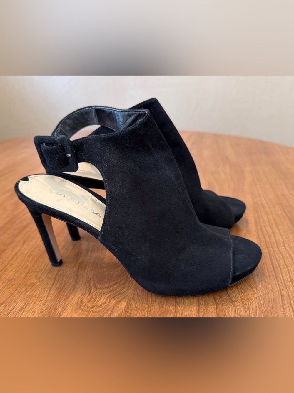 Via Spiga Black Suede Open-Toe Slingback Heels
